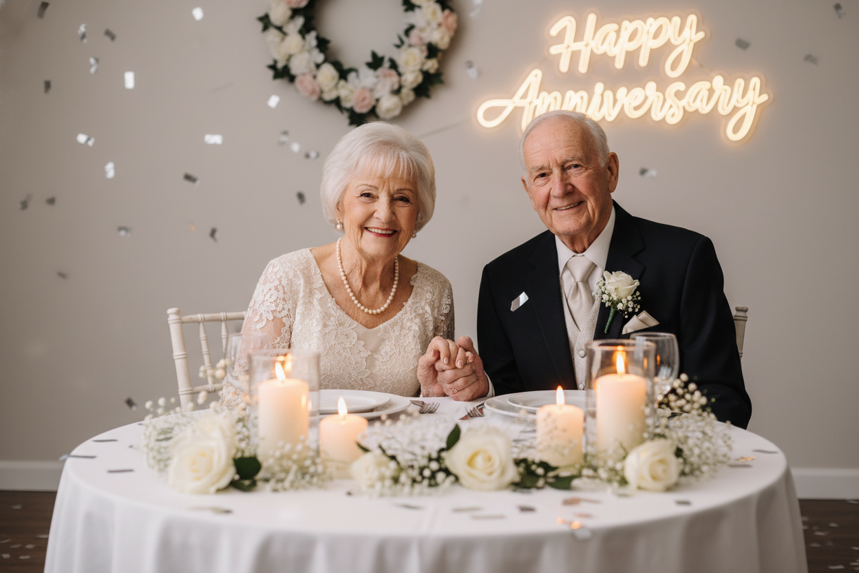 A 80-year old couple celebrating their Wedding anniversary