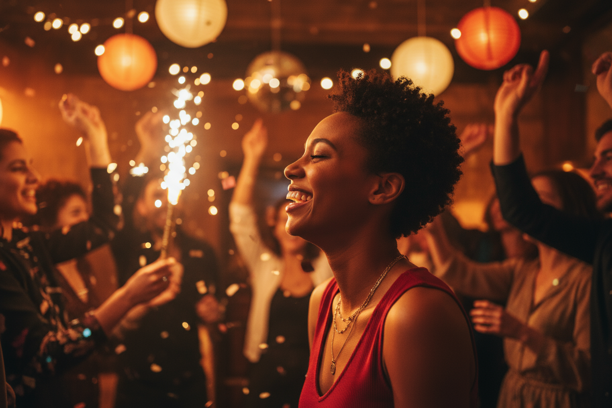 A black woman, light-skinned, with curly, yet short-haired, side-facing, enjoying a party