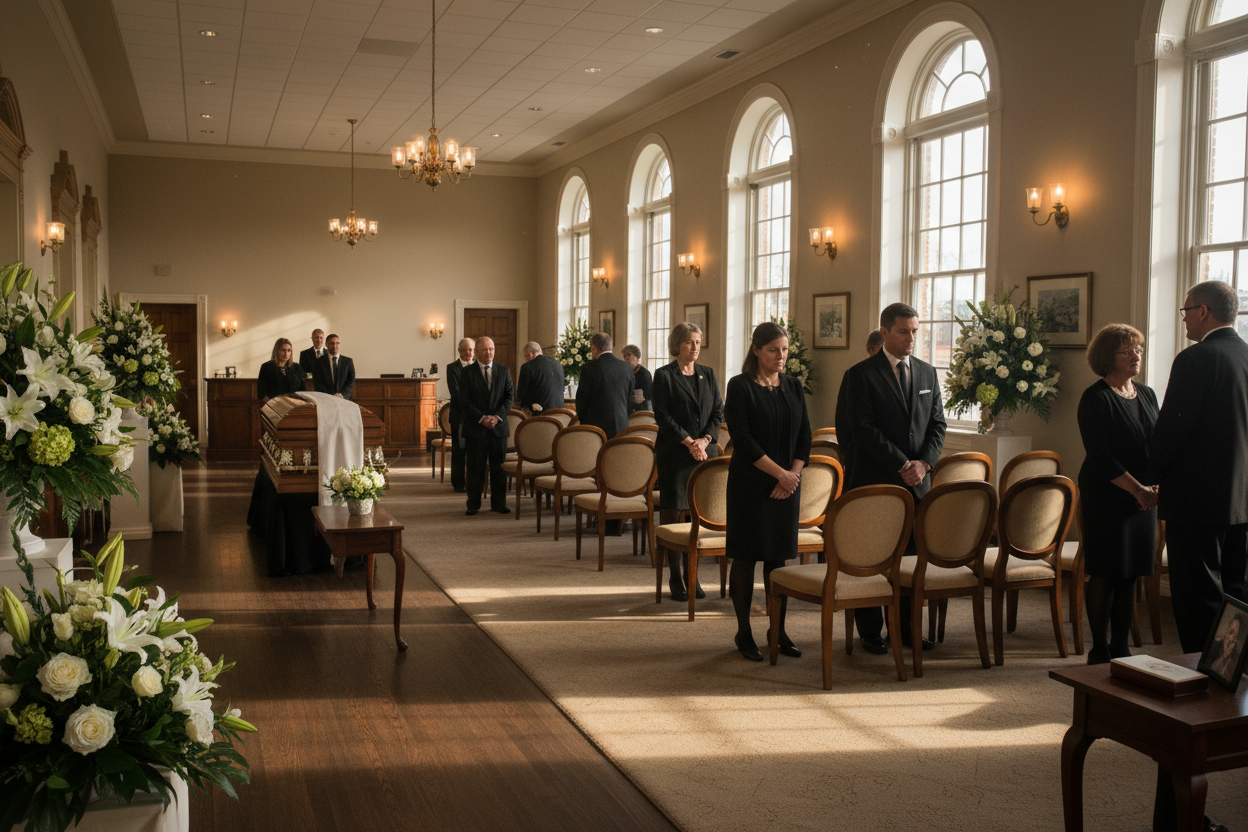 Funeral homes with people visiting for a wake. In morning setting