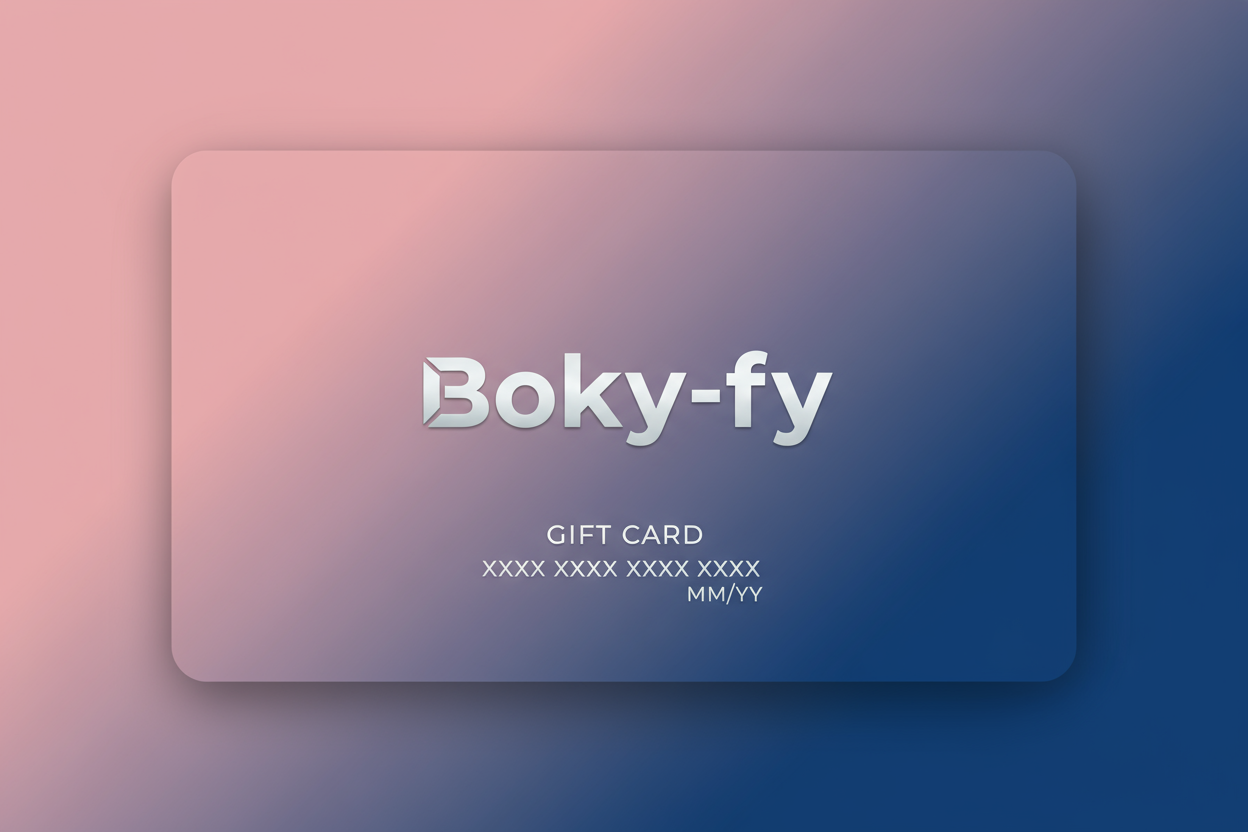 Gift card in pink-blue gradient showing the "Boky-fy" logo